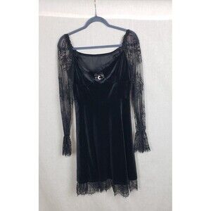 Gothic Velvet Dress L Black Lace Sleeves‎ Mini Moon Charm Witchy Halloween